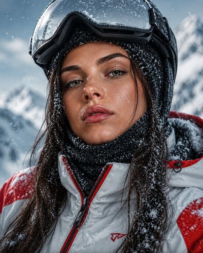 A skier with icy blue eyes gazes through falling snow in the Alps.