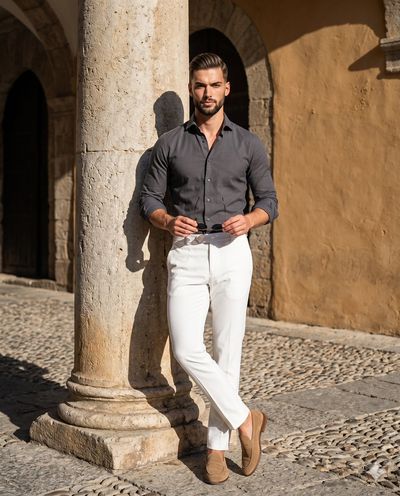 Man in charcoal shirt leans against ancient stone pillar in sunlight.