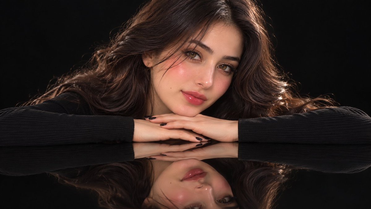 Black-clad muse with glossy reflection poses under studio lights