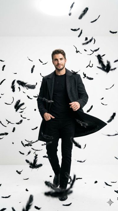 A man in black stands amid swirling feathers in a bright studio