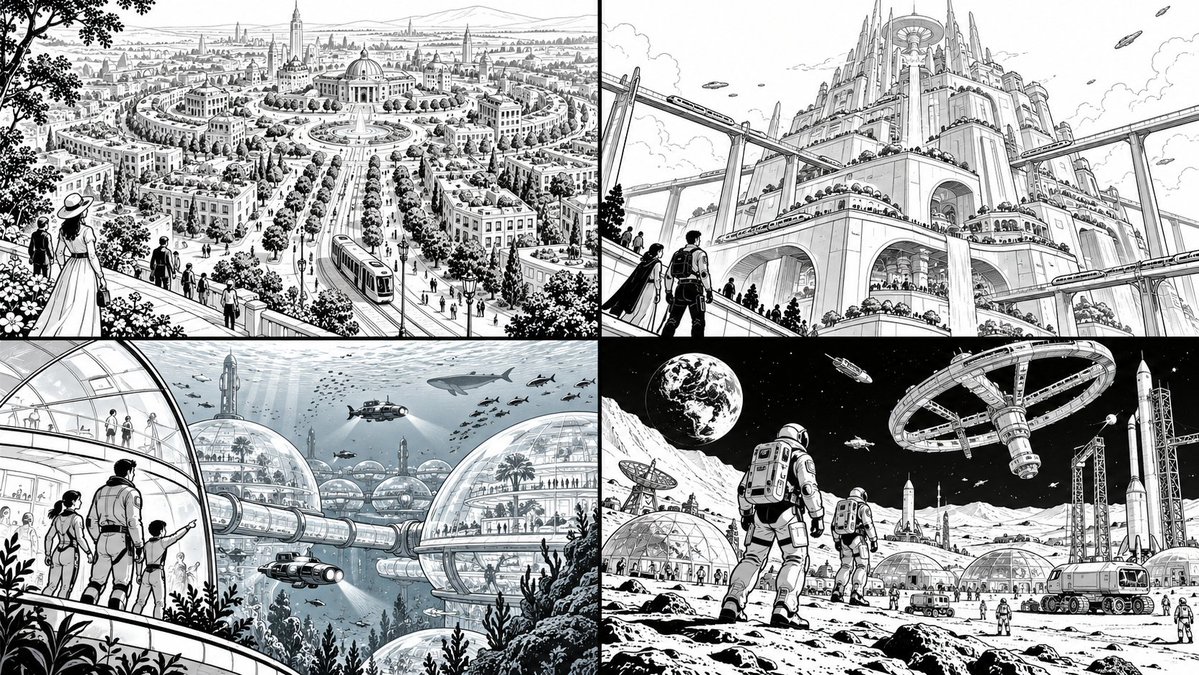 Monumental ink figures rise against white paper in dramatic manga perspective