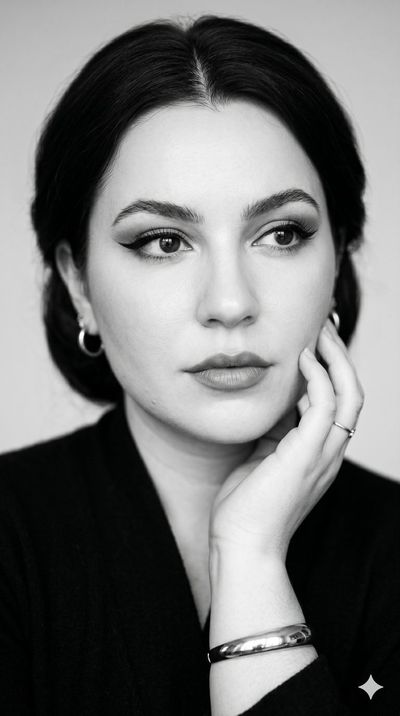 A graceful woman gazes softly aside in monochrome elegance