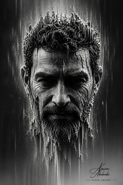 A male face emerges from digital erosion in monochrome