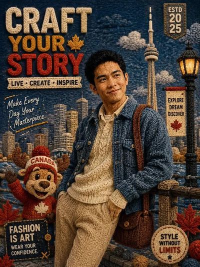 A knitted wool character strikes a confident fashion pose