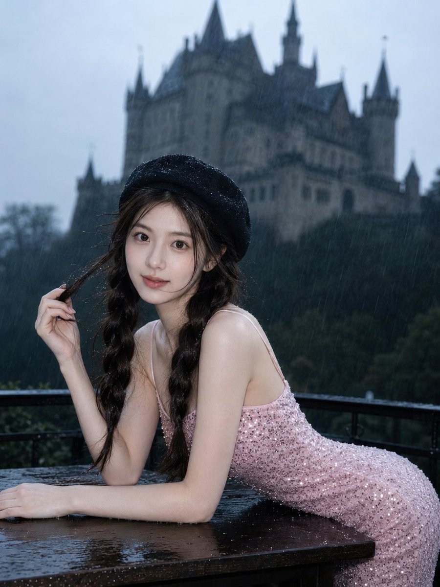 A woman in a black beret sits in the rain near a gothic castle