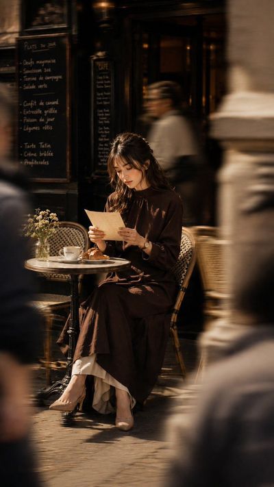 Young woman reads menu at Parisian sidewalk café in golden light