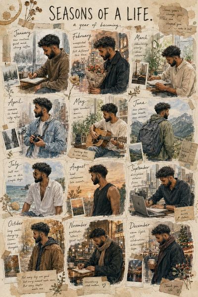 A man evolves through twelve months in a scrapbook almanac