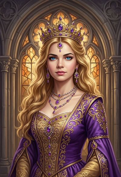 Golden queen in gothic archway radiates royal elegance and power