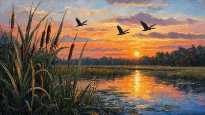 Vivid Impasto Landscape: A Marsh at Sunset with Silhouetted Birds