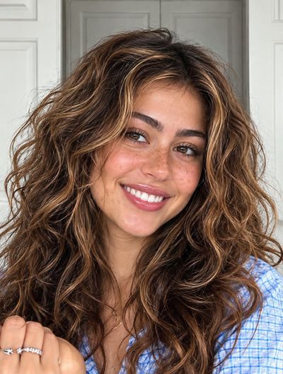 Candid close-up of a smiling woman with wavy brown hair