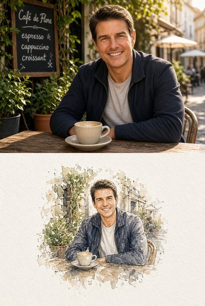 Split-view cafe portrait blends photo with delicate watercolor sketch