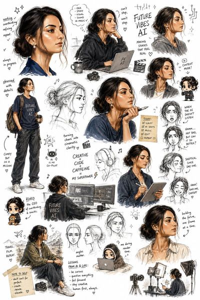 A sketchbook page of an analytical engineer in relaxed streetwear.