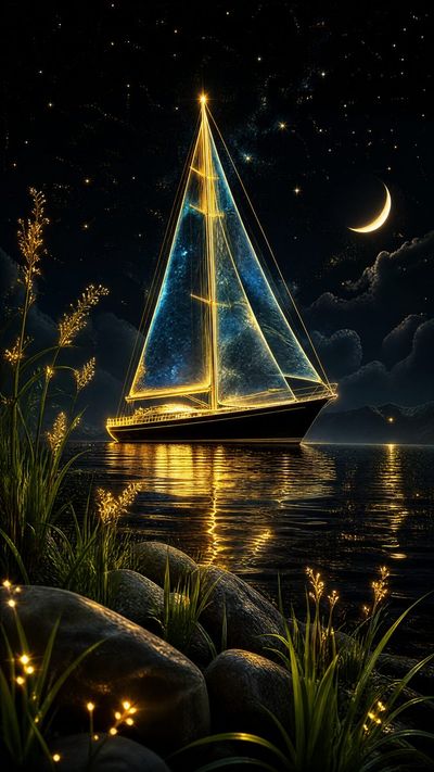 Luminous Journey: The Glowing Sailboat at Night