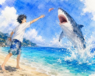 A boy tosses fish to a smiling shark on a sunny beach