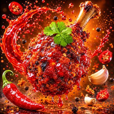 Volcanic chicken lollipop floats amid fiery chili splash in luxury ad