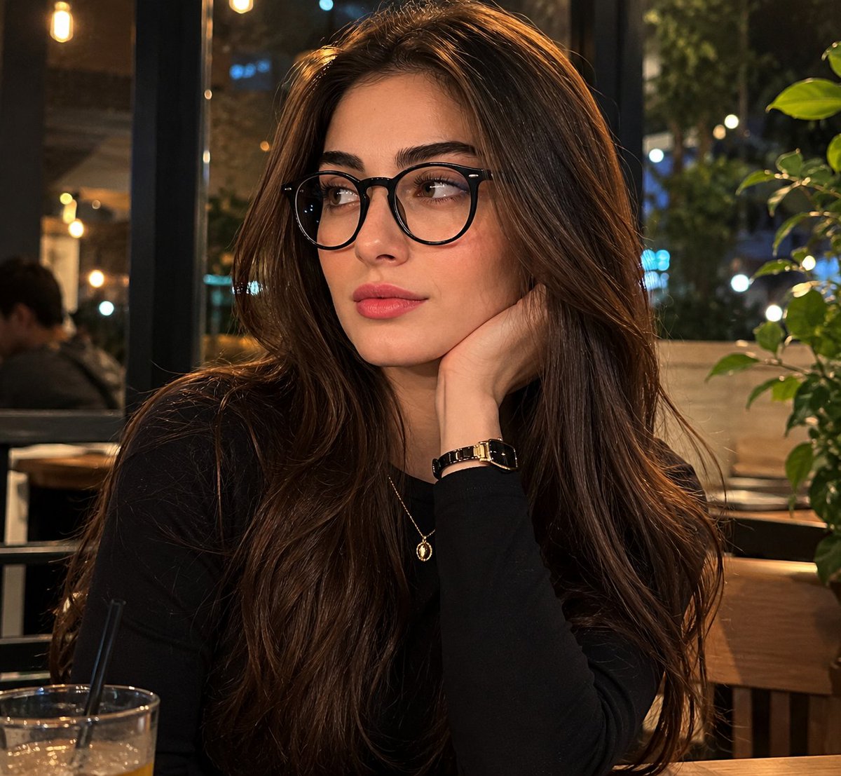 A thoughtful woman with dark hair rests in a cozy café at night.