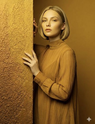 Blonde woman in golden dress poses beside textured pillar