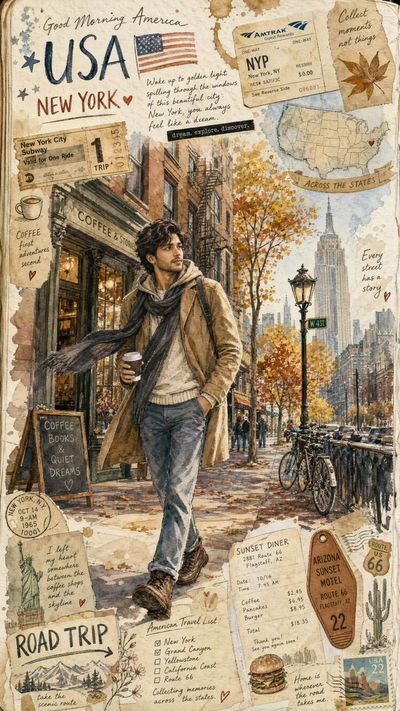 A traveler sketches journal entries beside a glowing New York café