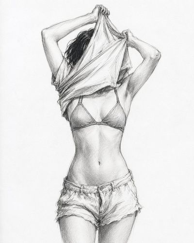 A woman lifts her shirt over her head in a rough pencil sketch