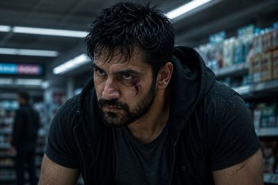 A wounded predator crouches in a rain-soaked convenience store.