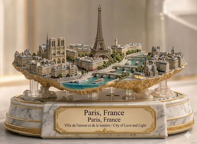 A miniature Paris floats above clouds on a marble pedestal