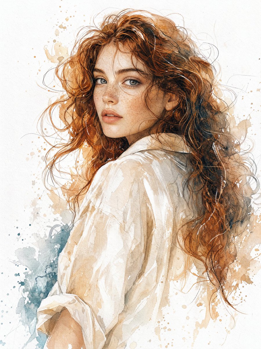 Auburn-haired woman in linen shirt gazes with serene introspection