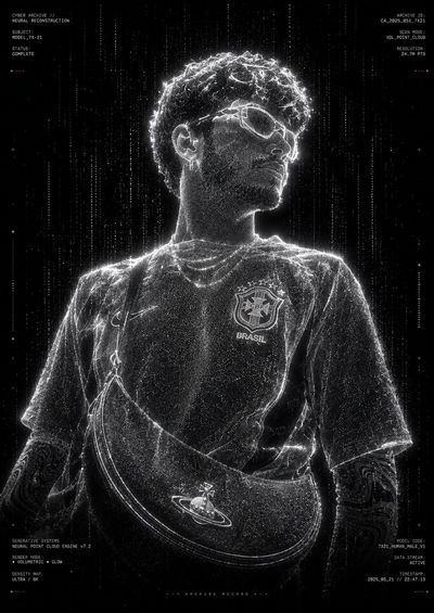 Monochrome point-cloud hologram of a standing figure in a void