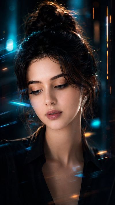 A woman with porcelain skin in teal and orange neon light