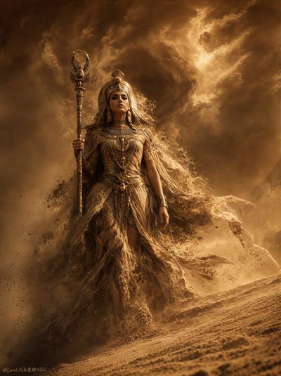 A sorceress-queen strides through a towering sandstorm with authority