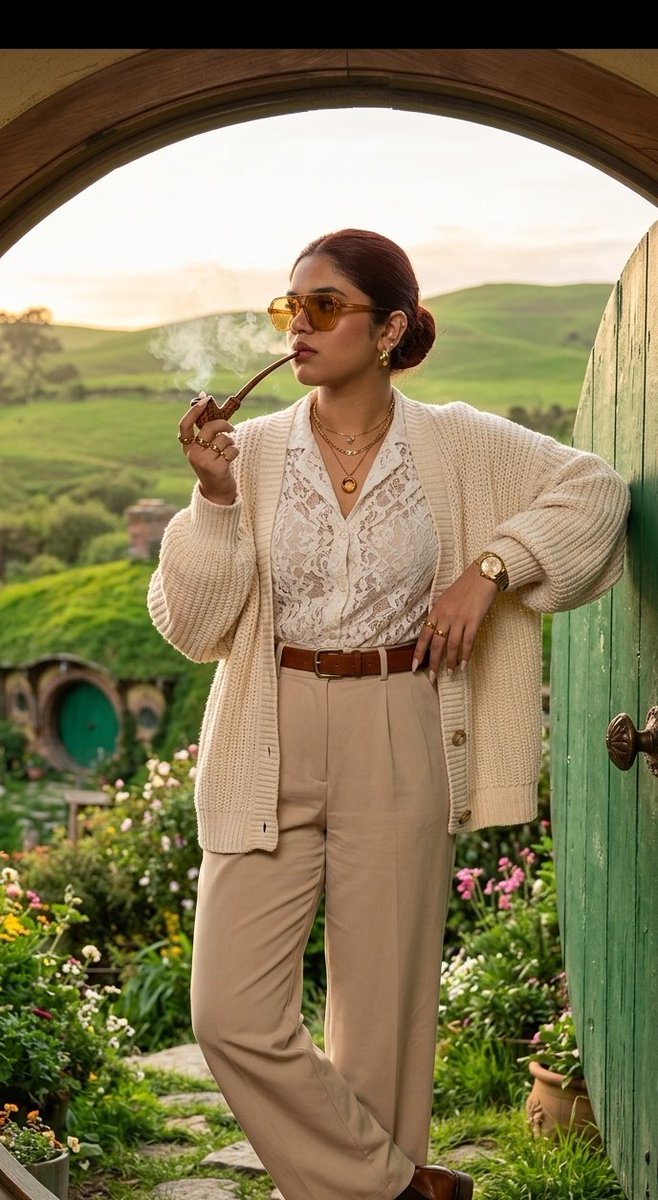 A woman in luxury hobbit fashion leans against Bag End's green door