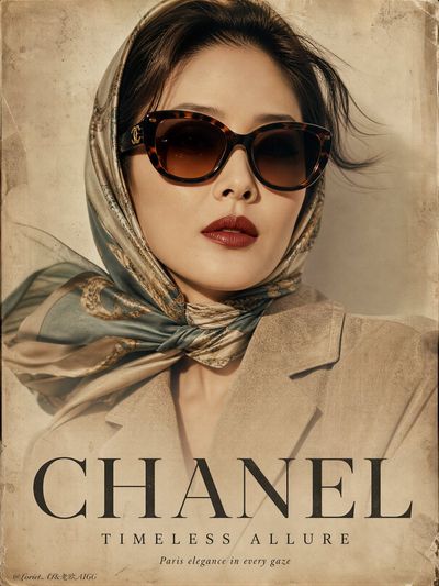 A mature Asian muse wears vintage Chanel sunglasses with elegant poise.