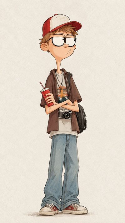 Awkward Teen Boy in Vintage Cap Holds Soda Cup with Crossed Arms