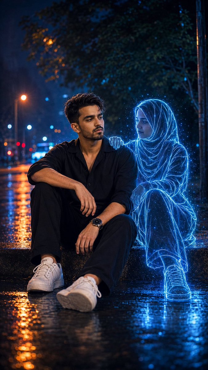 Lonely man sits on wet curb beside glowing neon spirit