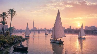 Morning mist rises over Nile feluccas near Cairo bridges at dawn