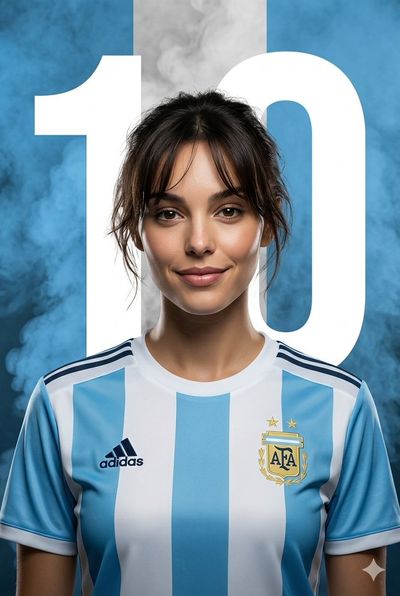 Argentine soccer star poses confidently in sky-blue jersey