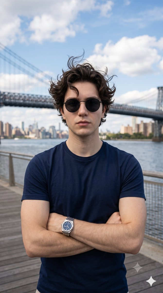 A confident young man stands on a sunny waterfront promenade