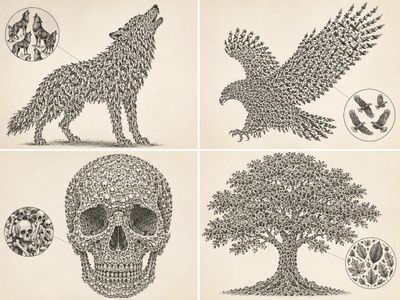 Wolf silhouette formed by hundreds of tiny howling wolves in ink