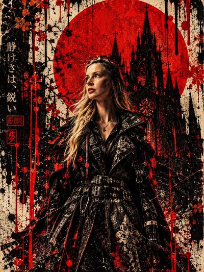 Gothic Figure Stands Before Blood Red Sun and Silhouetted Cathedral