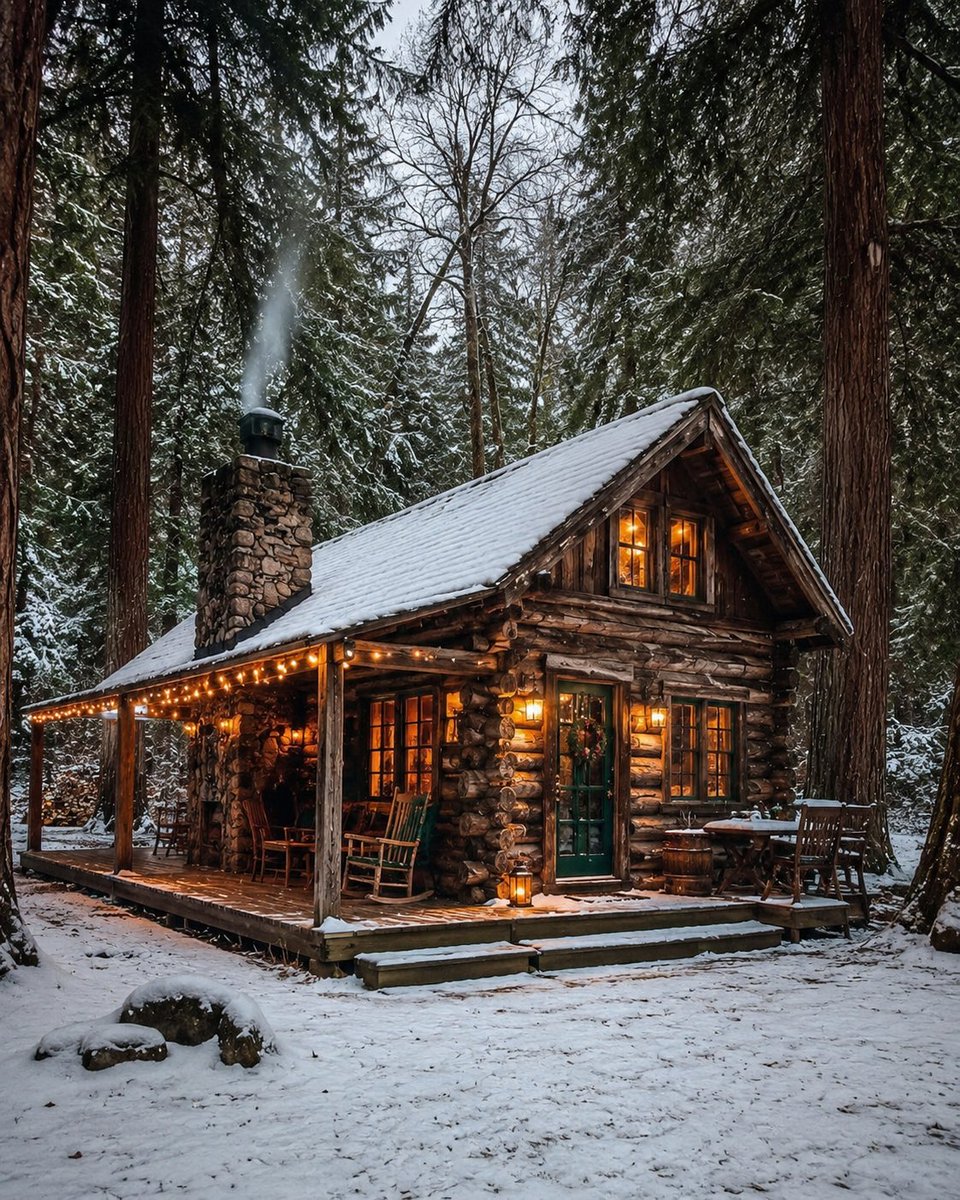 Snowy log cabin glows warmly under a starry winter sky