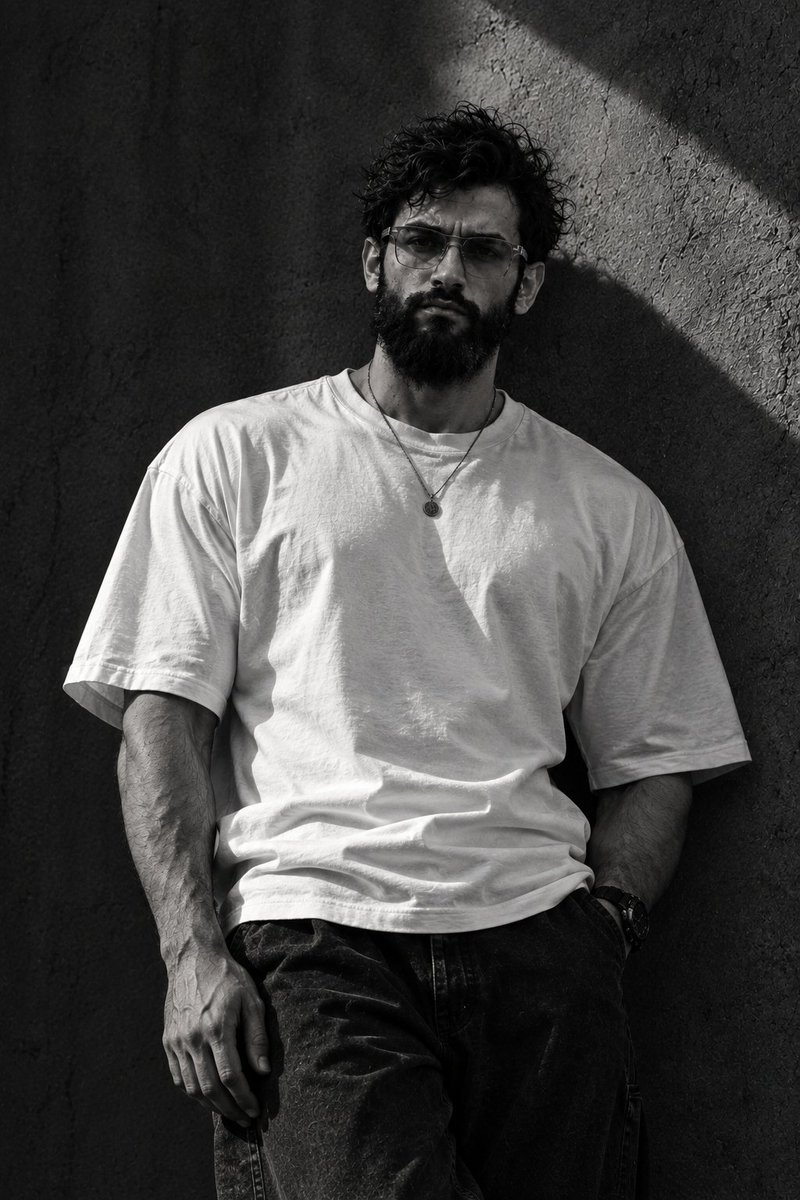 Man Leaning Against Concrete Wall in Monochrome Portrait