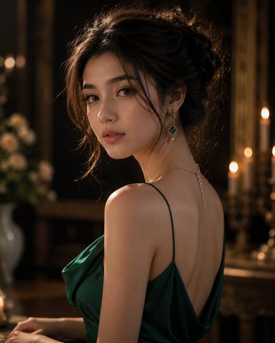 A woman in an emerald gown glances back in candlelight