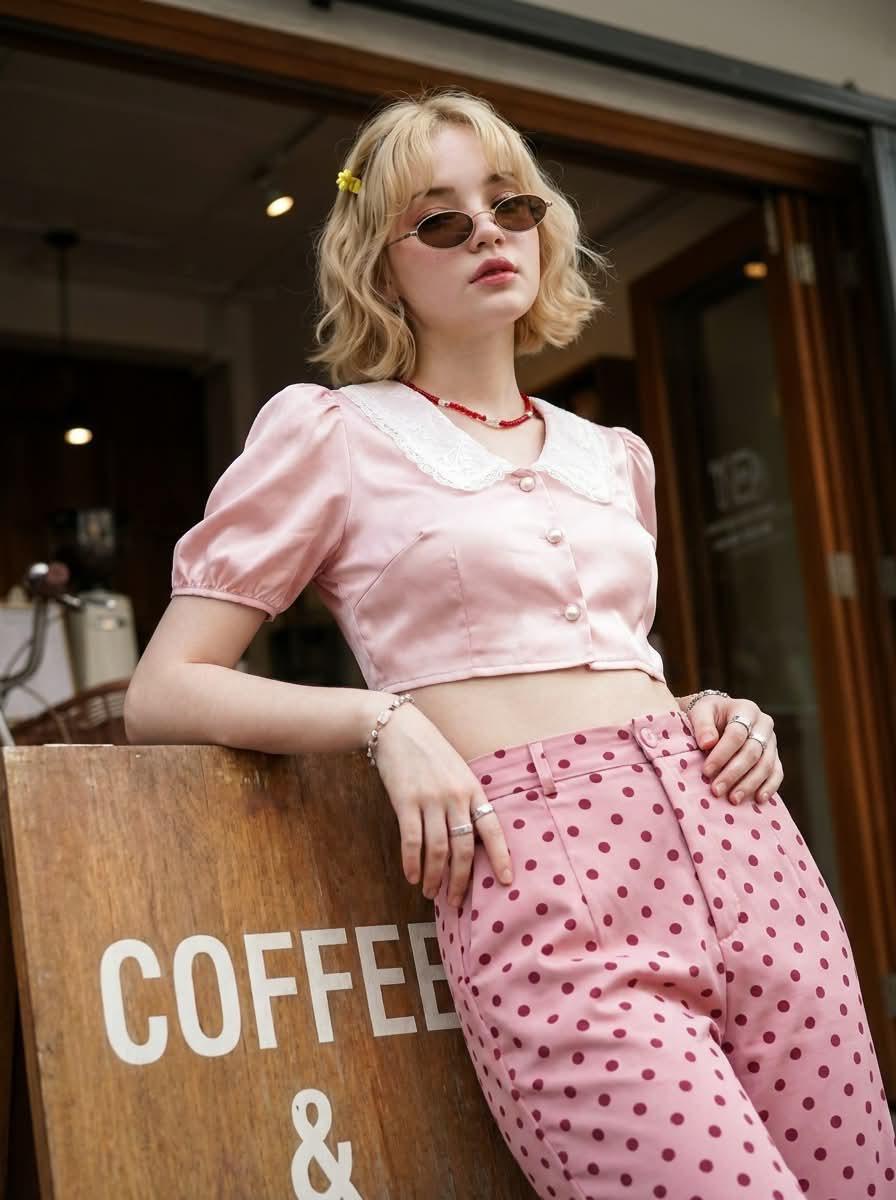 A woman in pastel pink leans against a wooden coffee shop sign.
