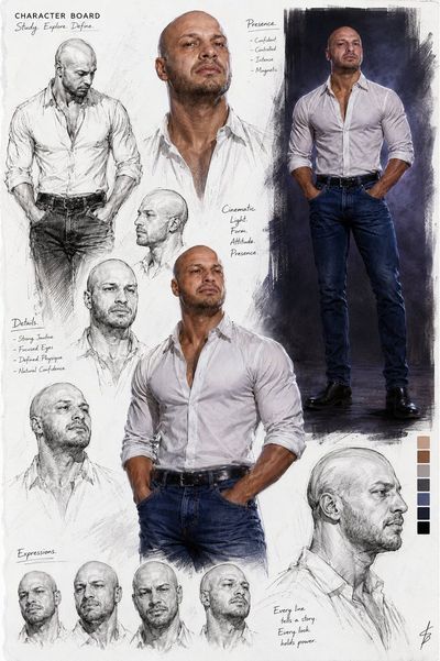 Intense bald man with short beard in multiple portrait studies