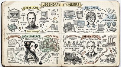 Hand-drawn sketchbook maps of four legendary founders in 2x2 grid