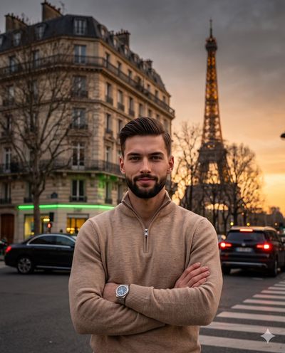 A confident young man poses in front of the Eiffel Tower at twilight