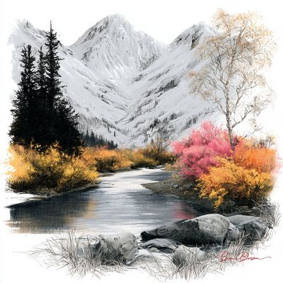 Sketch-style river valley with high peaks and colorful autumn foliage