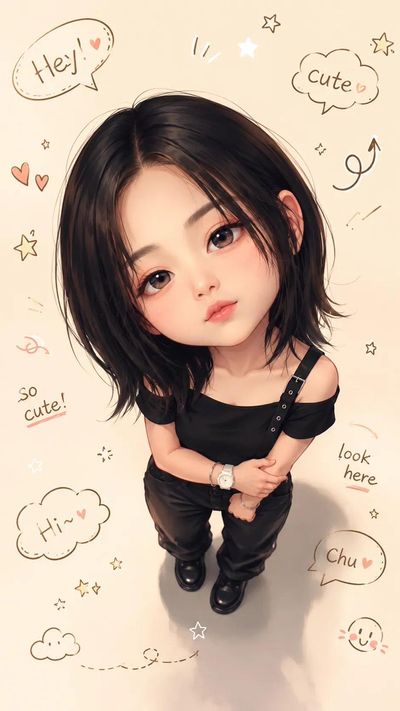 Adorable chibi character looks up with shy smile from above