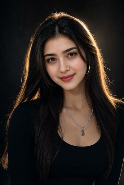 Woman with black hair and warm highlights smiles in dramatic rim light