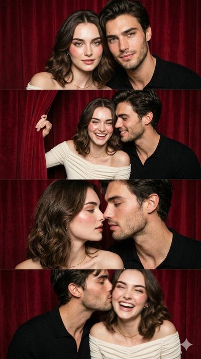 A stylish couple shares a playful moment inside a red velvet photo booth