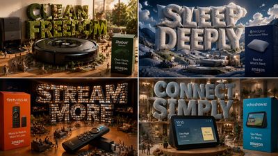 A surreal grid of four Amazon home products in a fantasy landscape